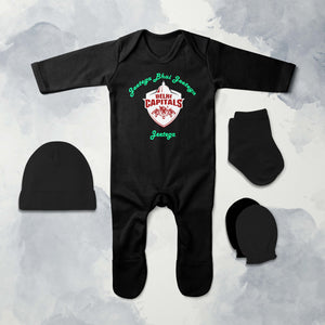 IPL Delhi Capitals Jeetega Bhai Jeetega DC Jeetega Jumpsuit with Cap, Mittens and Booties Romper Set for Baby Boy - KidsFashionVilla