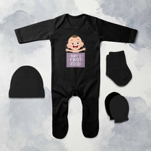 Load image into Gallery viewer, Babys First Food Jumpsuit with Cap, Mittens and Booties Romper Set for Baby Boy - KidsFashionVilla
