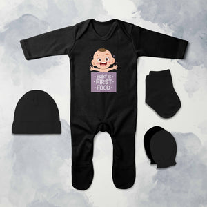 Babys First Food Jumpsuit with Cap, Mittens and Booties Romper Set for Baby Boy - KidsFashionVilla