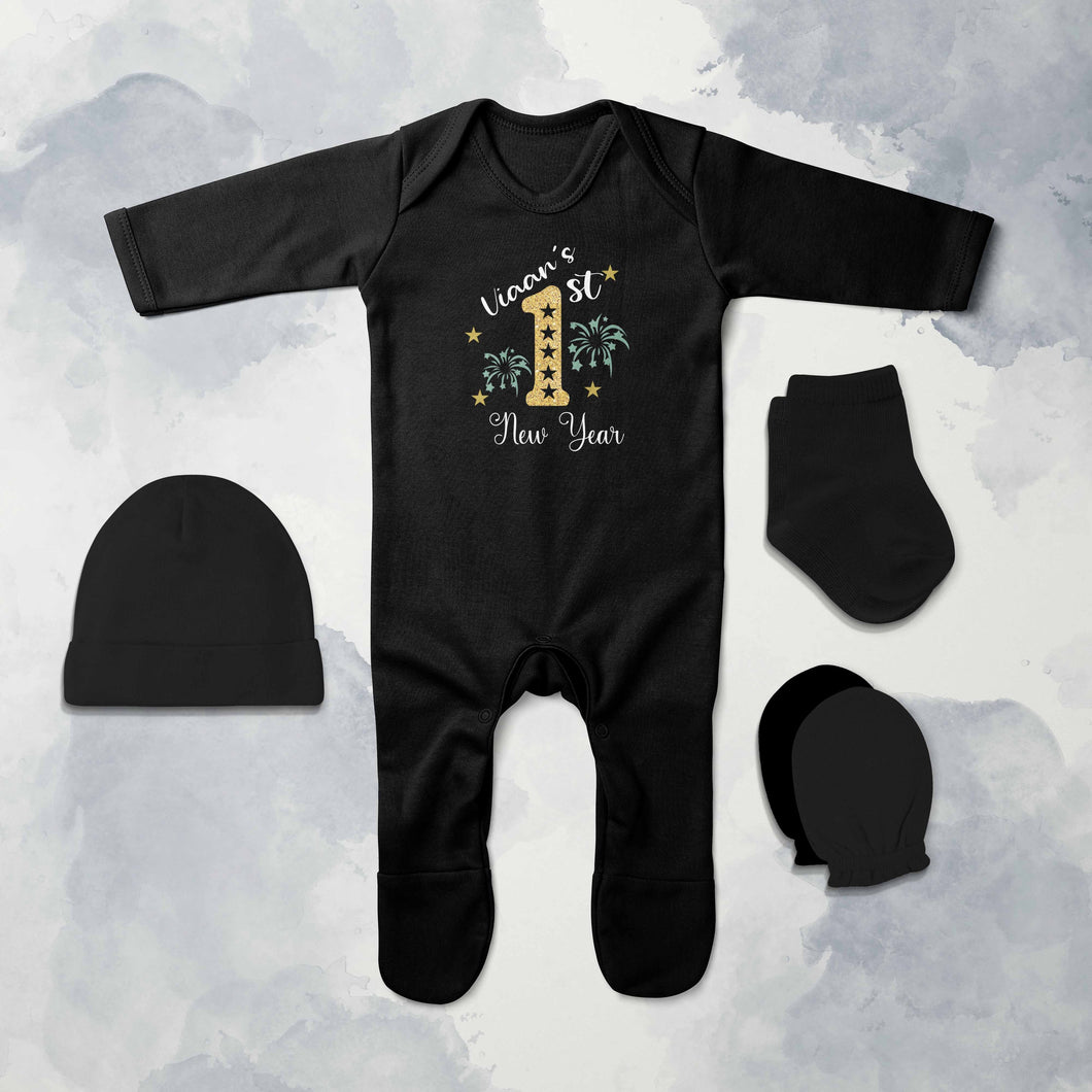 Customize Name Boy New Year Jumpsuit with Cap, Mittens and Booties Romper Set for Baby Boy - KidsFashionVilla