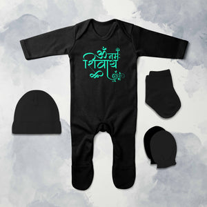 Om Namah Shivay Mahashivratri Jumpsuit with Cap, Mittens and Booties Romper Set for Baby Boy - KidsFashionVilla