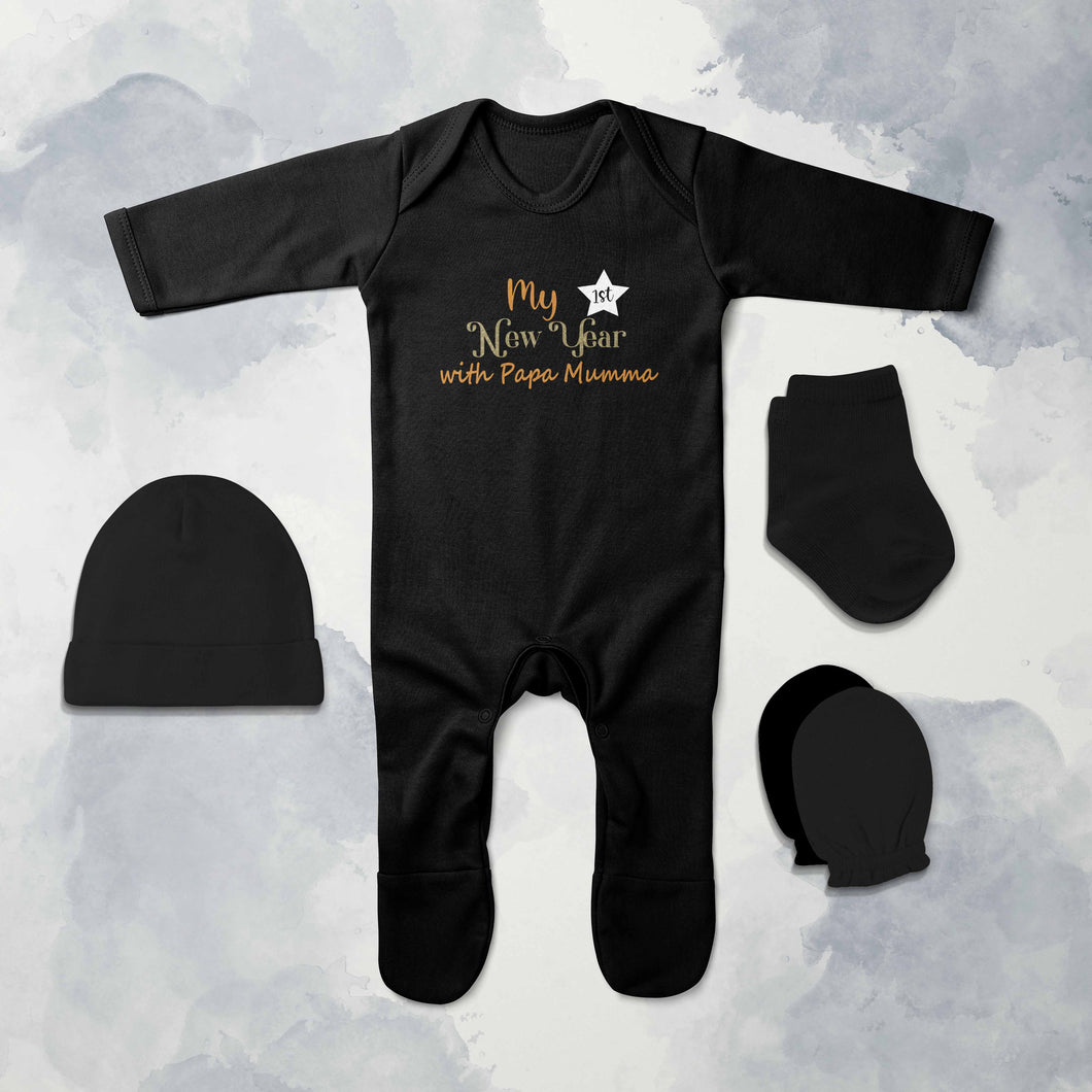 First New Year With Mumma Papa New Year Jumpsuit with Cap, Mittens and Booties Romper Set for Baby Boy - KidsFashionVilla