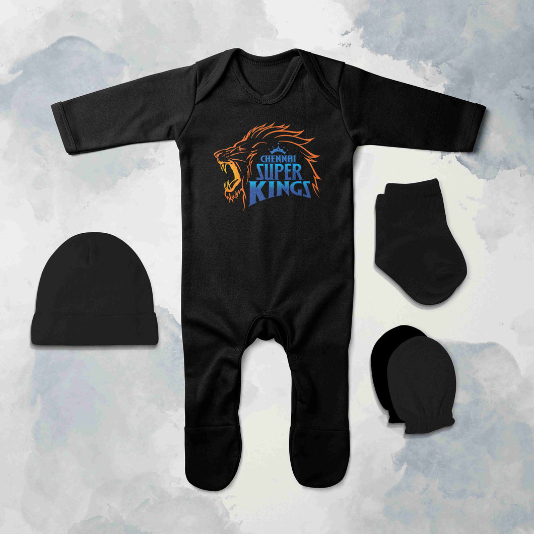 IPL CSK Chennai Super King Logo Jumpsuit with Cap, Mittens and Booties Romper Set for Baby Boy - KidsFashionVilla