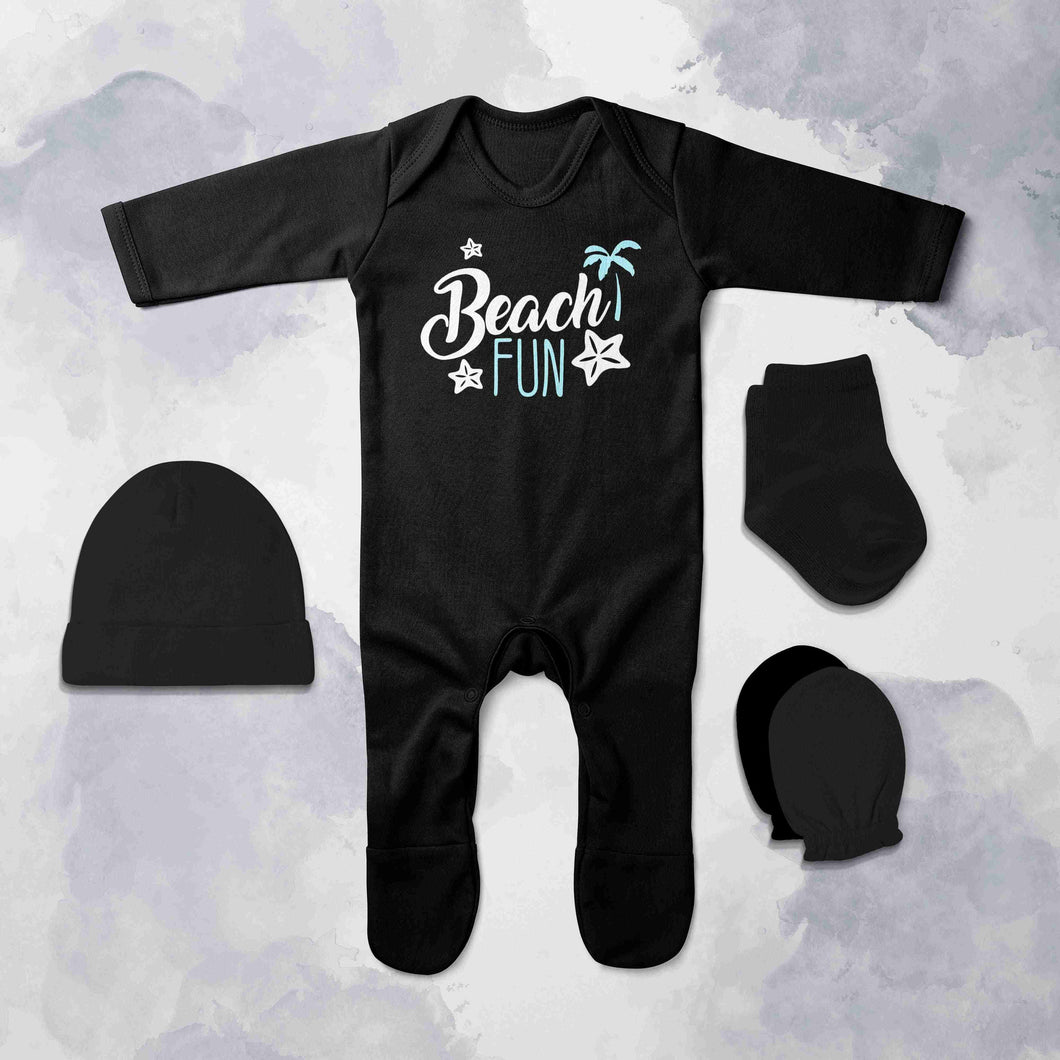 Beach Fun Quotes Jumpsuit with Cap, Mittens and Booties Romper Set for Baby Boy - KidsFashionVilla