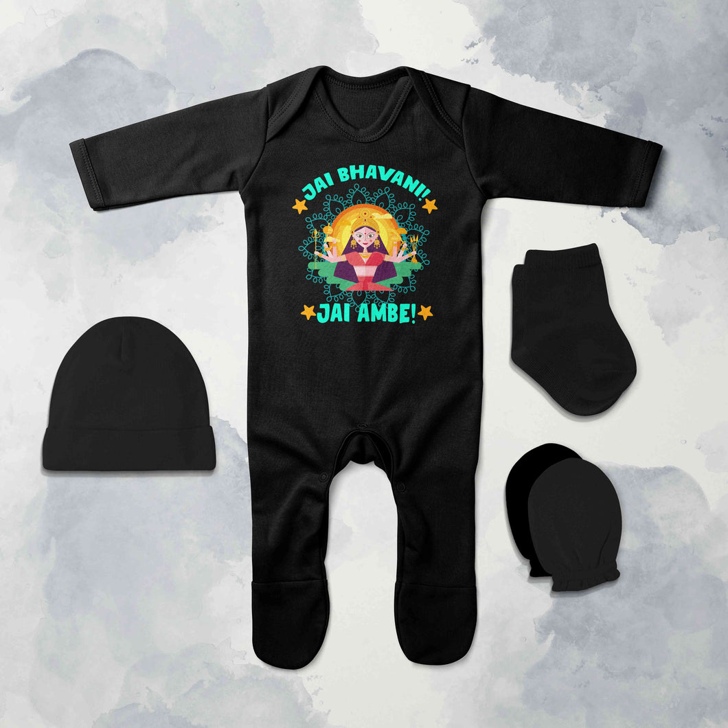 Jai Bhavani Jai Ambe Navratri Jumpsuit with Cap, Mittens and Booties Romper Set for Baby Boy - KidsFashionVilla