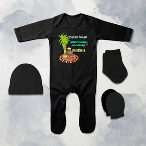 Custom Name My First Pongal With Mommy And Daddy Jumpsuit with Cap, Mittens and Booties Romper Set for Baby Girl - KidsFashionVilla