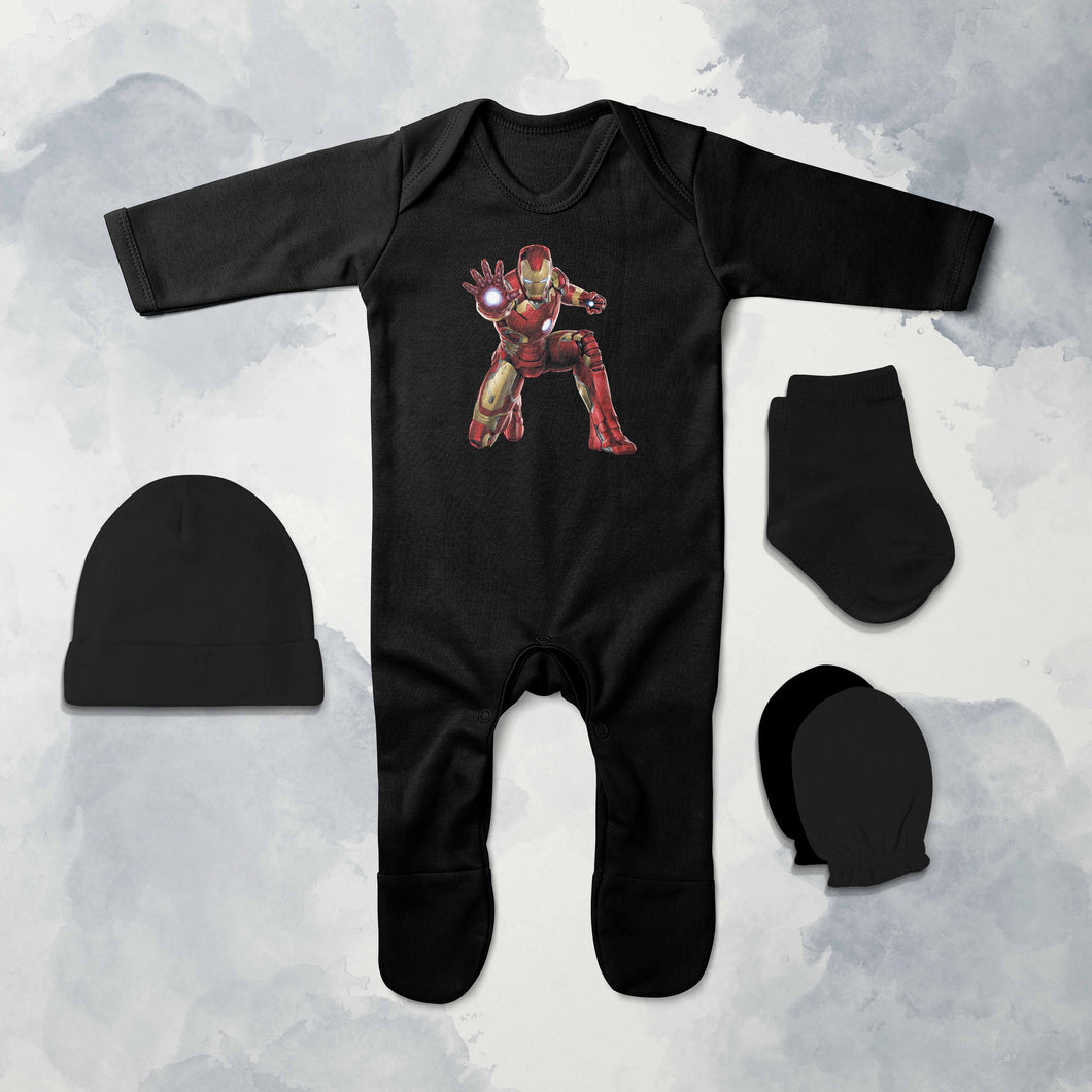 Superhero Cartoon Jumpsuit with Cap, Mittens and Booties Romper Set for Baby Boy - KidsFashionVilla