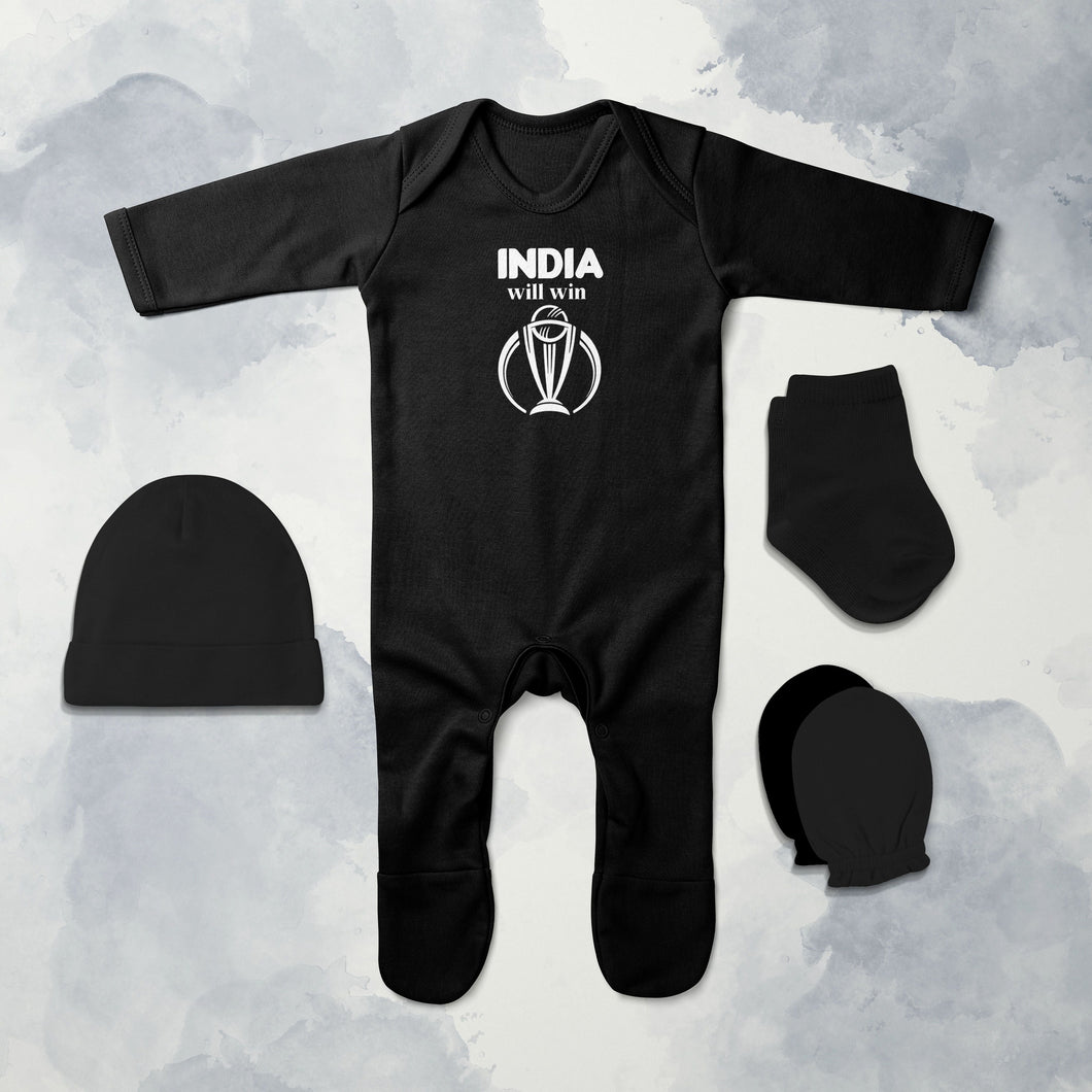 India Will Win Cricket Quotes Jumpsuit with Cap, Mittens and Booties Romper Set for Baby Boy - KidsFashionVilla