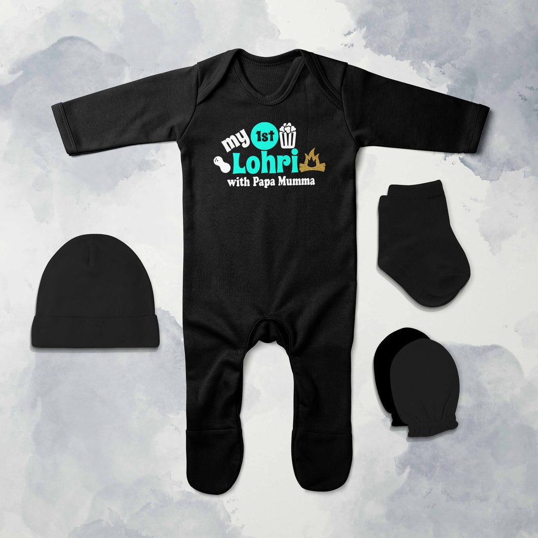 First Lohri With Papa Mumma Lohri Jumpsuit with Cap, Mittens and Booties Romper Set for Baby Boy - KidsFashionVilla