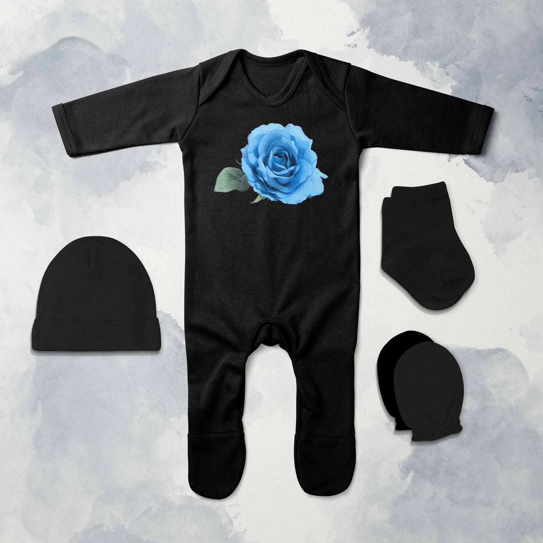 Blue Rose Minimal Jumpsuit with Cap, Mittens and Booties Romper Set for Baby Boy - KidsFashionVilla