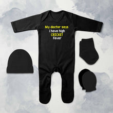 Load image into Gallery viewer, My Doctor Says I Have High Cricket Fever Cricket Quotes Jumpsuit with Cap, Mittens and Booties Romper Set for Baby Boy - KidsFashionVilla
