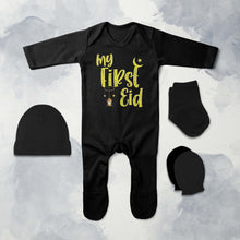 Load image into Gallery viewer, My First Eid Jumpsuit with Cap, Mittens and Booties Romper Set for Baby Boy - KidsFashionVilla
