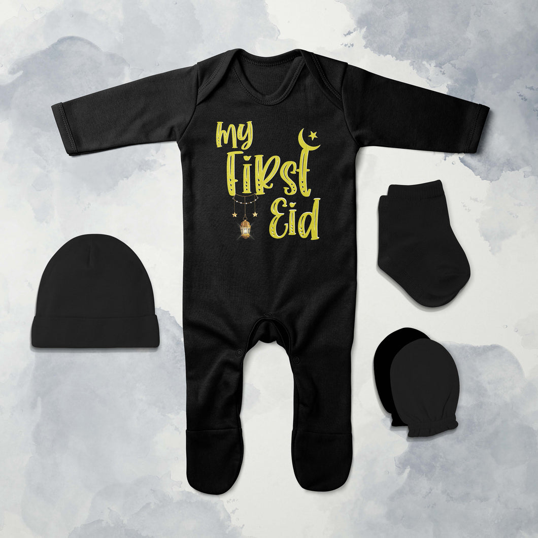 My First Eid Jumpsuit with Cap, Mittens and Booties Romper Set for Baby Boy - KidsFashionVilla