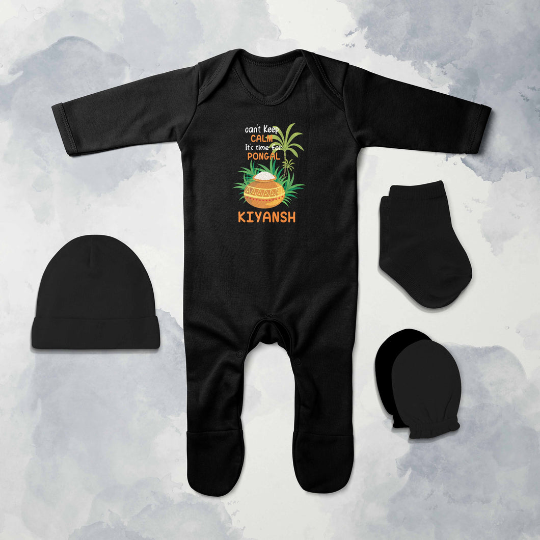 Custom Name Time For Pongal Makar Sankranti Jumpsuit with Cap, Mittens and Booties Romper Set for Baby Boy - KidsFashionVilla