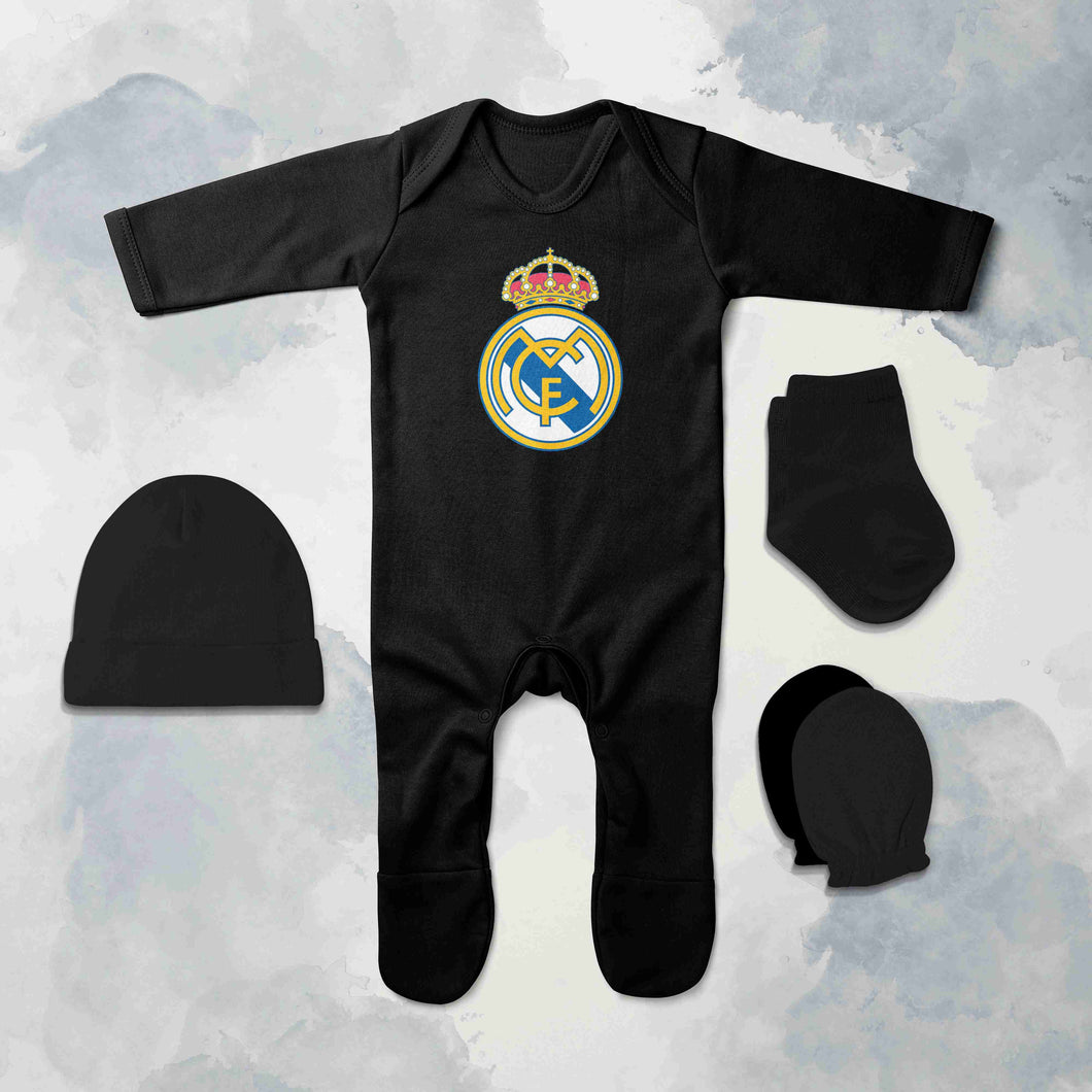 Real Madrid Logo Jumpsuit with Cap, Mittens and Booties Romper Set for Baby Boy - KidsFashionVilla