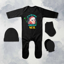 Load image into Gallery viewer, Customized Name It Is My First Christmas Jumpsuit with Cap, Mittens and Booties Romper Set for Baby Boy - KidsFashionVilla
