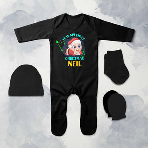 Customized Name It Is My First Christmas Jumpsuit with Cap, Mittens and Booties Romper Set for Baby Boy - KidsFashionVilla