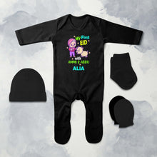 Load image into Gallery viewer, Custom Name My First Eid With Ammi And Abbu Jumpsuit with Cap, Mittens and Booties Romper Set for Baby Girl - KidsFashionVilla
