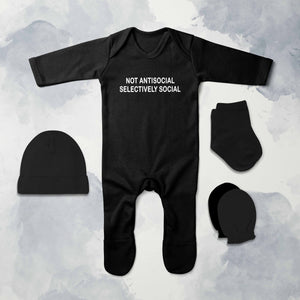 Not Anti Social Minimal Jumpsuit with Cap, Mittens and Booties Romper Set for Baby Boy - KidsFashionVilla