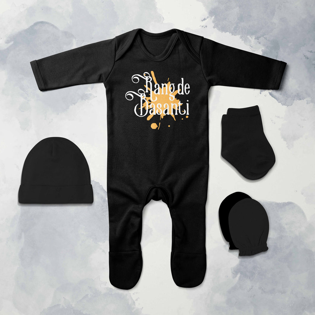 Rang De Basanti Holi Jumpsuit with Cap, Mittens and Booties Romper Set for Baby Boy - KidsFashionVilla