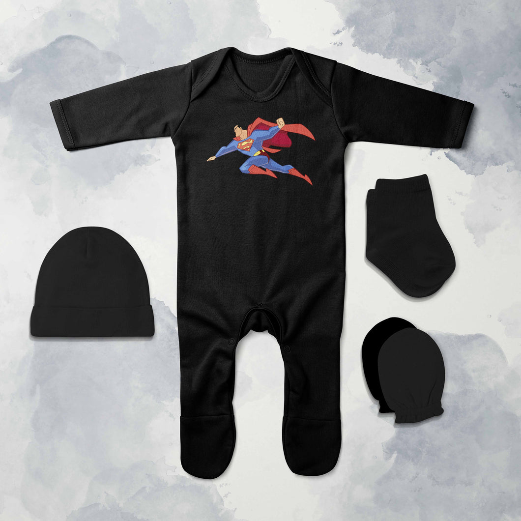 Smart Flying Superhero Cartoon Jumpsuit with Cap, Mittens and Booties Romper Set for Baby Boy - KidsFashionVilla