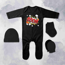 Load image into Gallery viewer, Boom Quotes Jumpsuit with Cap, Mittens and Booties Romper Set for Baby Boy - KidsFashionVilla
