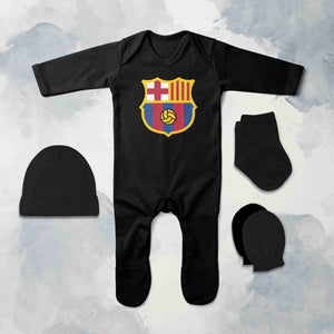 Barcelona Logo Jumpsuit with Cap, Mittens and Booties Romper Set for Baby Boy - KidsFashionVilla
