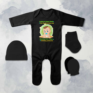 Baby Eating Food Jumpsuit with Cap, Mittens and Booties Romper Set for Baby Girl - KidsFashionVilla
