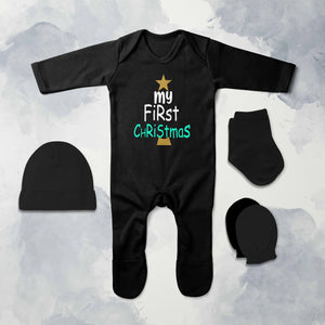My First Christmas Jumpsuit with Cap, Mittens and Booties Romper Set for Baby Boy - KidsFashionVilla