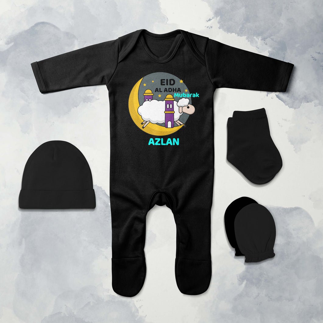 Custom Name Eid Al Adha Bakra Eid Mubarak Jumpsuit with Cap, Mittens and Booties Romper Set for Baby Boy - KidsFashionVilla