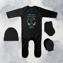 Load image into Gallery viewer, What Santa Does Not Bring Me Mom &amp; Dad Will Christmas Jumpsuit with Cap, Mittens and Booties Romper Set for Baby Girl - KidsFashionVilla
