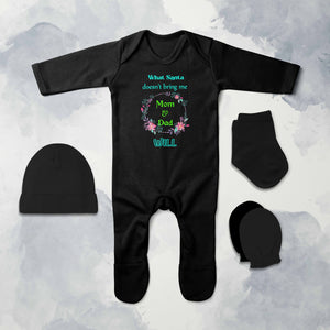 What Santa Does Not Bring Me Mom & Dad Will Christmas Jumpsuit with Cap, Mittens and Booties Romper Set for Baby Girl - KidsFashionVilla