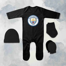 Load image into Gallery viewer, Manchester City Logo Jumpsuit with Cap, Mittens and Booties Romper Set for Baby Boy - KidsFashionVilla
