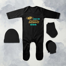 Load image into Gallery viewer, Custom Name IPL MI Mumbai Indians Little Fan Jumpsuit with Cap, Mittens and Booties Romper Set for Baby Boy - KidsFashionVilla
