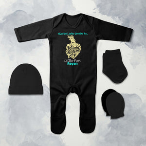 Custom Name IPL KKR Kolkata Knight Riders Korbo Lorbo Jeetbo Re Jumpsuit with Cap, Mittens and Booties Romper Set for Baby Boy - KidsFashionVilla