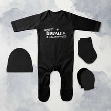 Load image into Gallery viewer, My First Diwali Boom Diwali Jumpsuit with Cap, Mittens and Booties Romper Set for Baby Boy - KidsFashionVilla
