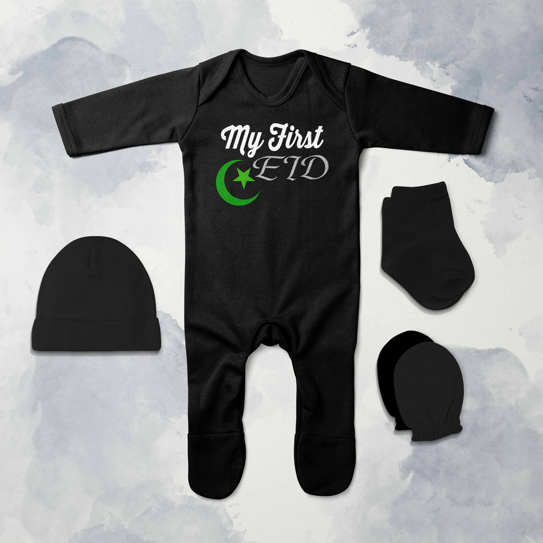 My 1st Eid Jumpsuit with Cap, Mittens and Booties Romper Set for Baby Boy - KidsFashionVilla