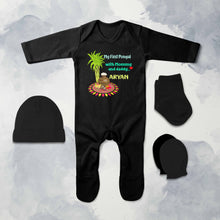 Load image into Gallery viewer, Custom Name My First Pongal With Mommy And Daddy Jumpsuit with Cap, Mittens and Booties Romper Set for Baby Boy - KidsFashionVilla
