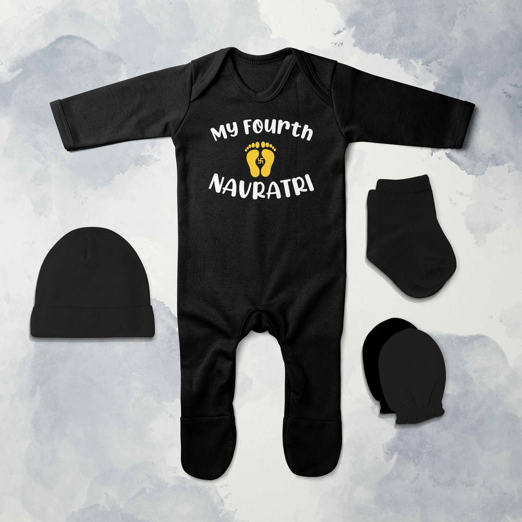 My Fourth Navratri Jumpsuit with Cap, Mittens and Booties Romper Set for Baby Boy - KidsFashionVilla