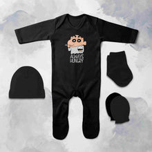 Load image into Gallery viewer, Always Hungry Quotes Jumpsuit with Cap, Mittens and Booties Romper Set for Baby Boy - KidsFashionVilla
