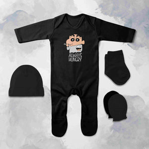 Always Hungry Quotes Jumpsuit with Cap, Mittens and Booties Romper Set for Baby Boy - KidsFashionVilla