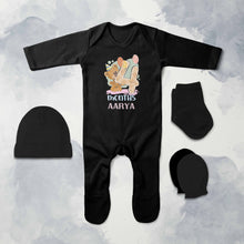 Load image into Gallery viewer, Custom Name 4 Month Birthday Teddy Design Jumpsuit with Cap, Mittens and Booties Romper Set for Baby Girl - KidsFashionVilla
