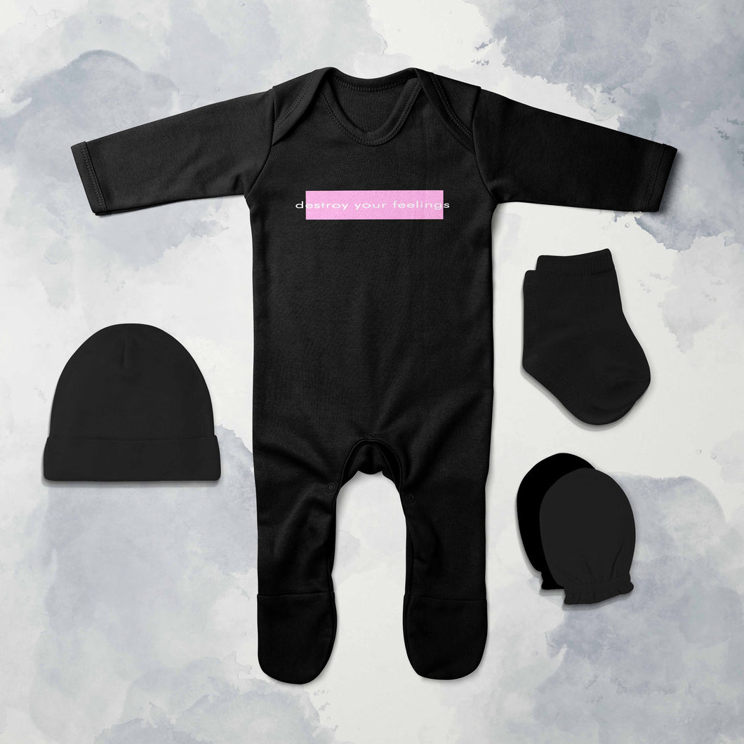 Destroy Your Feelings Minimal Jumpsuit with Cap, Mittens and Booties Romper Set for Baby Boy - KidsFashionVilla