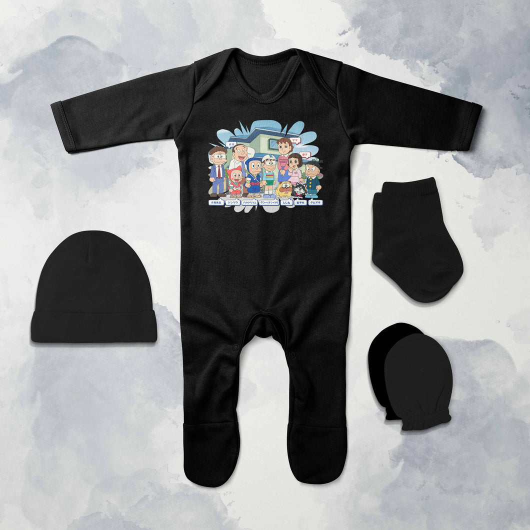 Funny Friends Cartoon Jumpsuit with Cap, Mittens and Booties Romper Set for Baby Boy - KidsFashionVilla