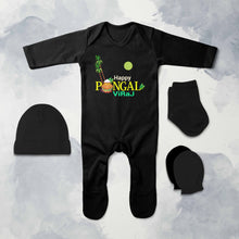 Load image into Gallery viewer, Custom Name Happy Pongal Jumpsuit with Cap, Mittens and Booties Romper Set for Baby Girl - KidsFashionVilla
