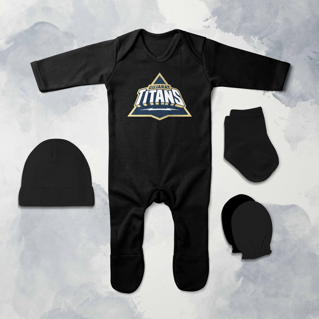 GT Gujrat Titans Jumpsuit with Cap, Mittens and Booties Romper Set for Baby Boy - KidsFashionVilla