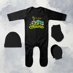 My First Eid Jumpsuit with Cap, Mittens and Booties Romper Set for Baby Boy - KidsFashionVilla