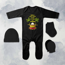 Load image into Gallery viewer, Custom Name Cant Keep Calm Its Time For Pongal Jumpsuit with Cap, Mittens and Booties Romper Set for Baby Boy - KidsFashionVilla
