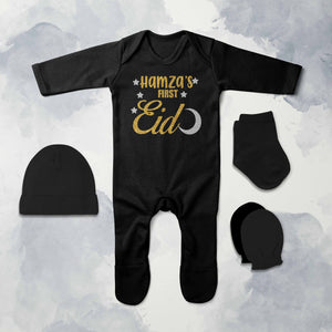 1st Eid Custom Name Eid Jumpsuit with Cap, Mittens and Booties Romper Set for Baby Boy - KidsFashionVilla
