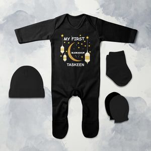 Custom Name My First Ramadan Jumpsuit with Cap, Mittens and Booties Romper Set for Baby Girl - KidsFashionVilla